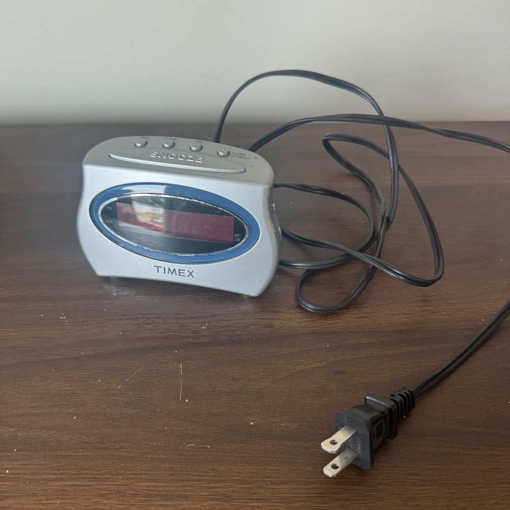 Timex Silver Digital Alarm Clock Red LED Display Blue Accent T101 Snooze